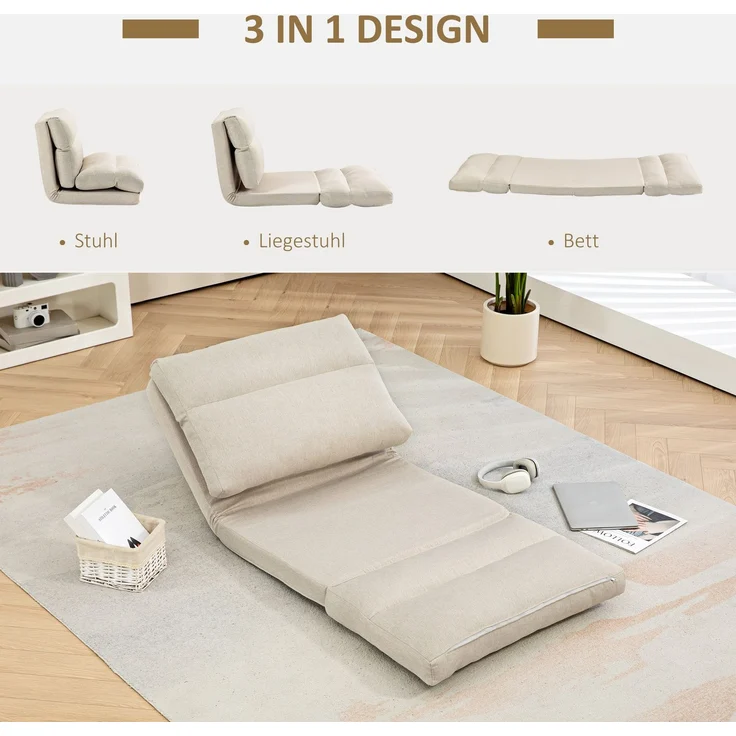 MELAYR, Sitzsack mit Bettfunktion, neigbare Lehne, klappbar, bis 120kg, 70 x 72 x 56 cm, Beige – Bild 6
