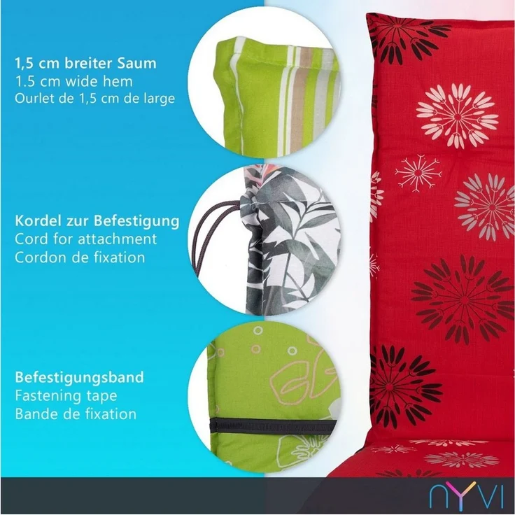 NYVI Sitzauflage Niedriglehner Auflagen 6er Set Barcelona Gartenstuhlauflagen 100x50cm, (6 St), Niederlehner Stuhlauflage Sitzauflage mit Halteband Kariert Karo – Bild 3