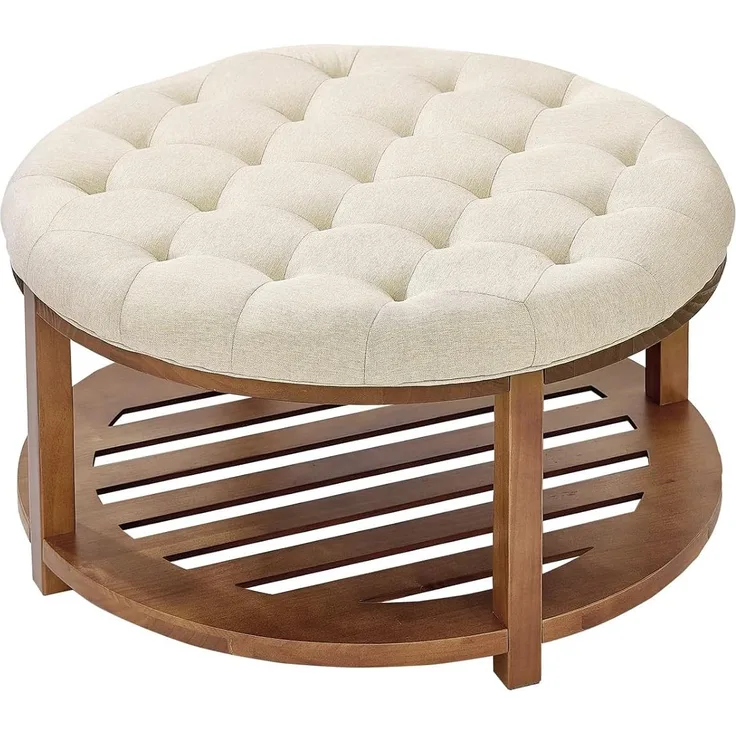 VEVOR runder großer Couchtisch (810 x 810 x 476 mm) mit Ablagefläche aus Massivholz, massiv gepolsterte Ottomane mit Fußstütze aus Leinen für Schlafzimmer Wohnzimmer, 158,76 kg, Leinenfarbe
