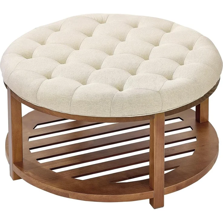 VEVOR runder großer Couchtisch (810 x 810 x 476 mm) mit Ablagefläche aus Massivholz, massiv gepolsterte Ottomane mit Fußstütze aus Leinen für Schlafzimmer Wohnzimmer, 158,76 kg, Leinenfarbe – Bild 1