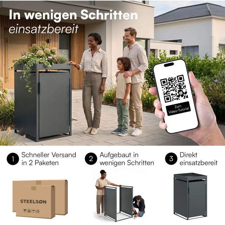 STEELSØN 'Thoria' Mülltonnenbox 1er je 240 Liter, anthrazit, Mülltonnenverkleidung aus Stahl, wetterfest, 125x80x69 cm, Müllbox mit Pflanzendach für 1 Tonne – Bild 9