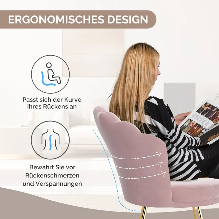 Hawthyhome Polsterstuhl Polstersessel 2er Set mit Blütenblatt-Rückenlehne, goldenen Metallbeinen, ergonomischer hoher Rückenlehne mit Kopfstütze, Wasserfall-Sitzkissen, SGS-zertifiziert & bis 150 kg belastbar, ideal für Esszimmer, Schminktisch & Wohnzi... – Bild 5