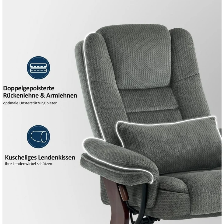 Relaxsessel mit Liegefunktion, 360°Drehbarer Fernsehsessel mit Hocker, bis 120 Kg Belastbarer TV-Sessel für Wohnzimmer, mit Kissen & Seitentasche, Lesesessel Bequem, 9099 (Grau-Stoff) – Bild 3