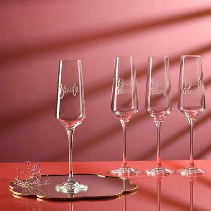 Krosno Champagnergläser Bride and Team Bride 4er Set 180 ml- Prosecco-Sekt- gläser, handgefertigt aus bleifreiem Kristallglas matt weiß verziert - JGA Gläser für Junggesellinnenabschied – Bild 3