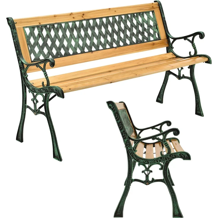 Juskys Gartenbank Pisa – 2-Sitzer Holzbank mit Armlehnen & Rückenlehne – wetterfeste Sitzbank 122x54x73 cm - Seitenelemente aus Gusseisen – Bild 1