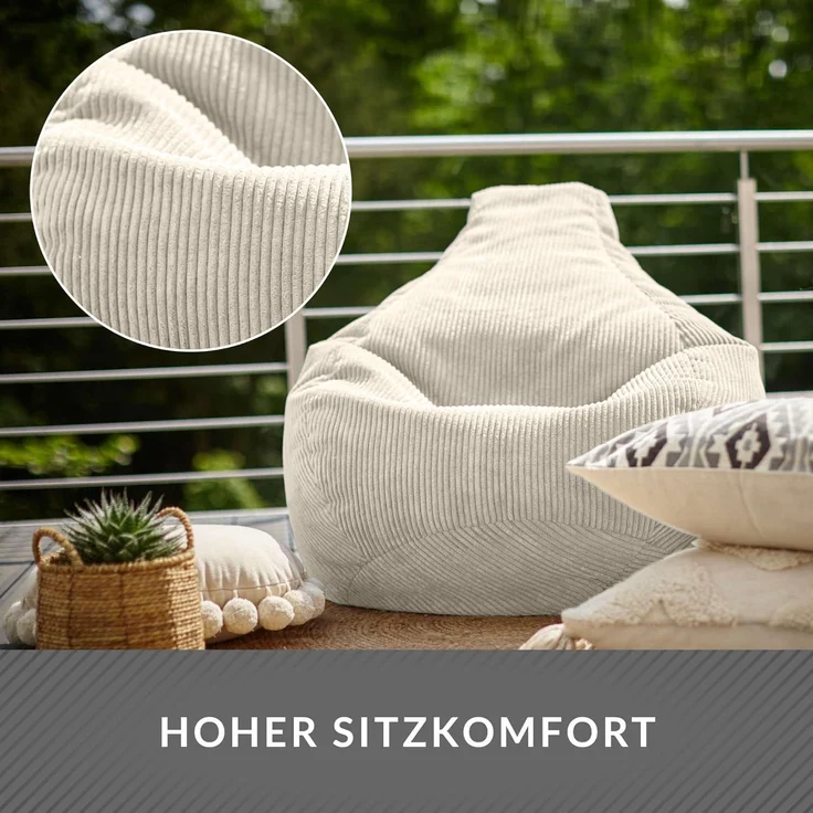 Green Bean® Sitzsack mit Rückenlehne 80x80x90cm - Gaming Chair mit 230L Füllung Cordstoff - Bean Bag Bodenkissen Lounge Sitzhocker Relax-Sessel Gamer Gamingstuhl Beige – Bild 5