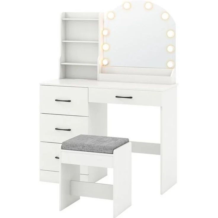 COSTWAY Schminktisch (1-St), mit LED-Beleuchtung, Ladestation, Hocker, Spiegel, 4 Schubladen – Bild 4