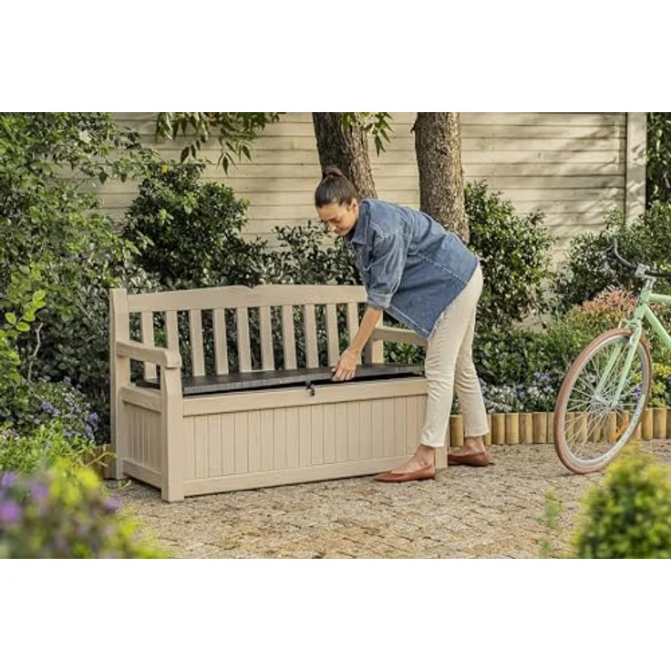 Keter Sitzbank Eden für Balkon und Garten, Gartenbank mit integrierter Kissenbox mit 265 l Stauraum, 140 x 60 x 84 cm, wetterfest, pflegeleicht, beige, Outdoor, Holzoptik – Bild 12