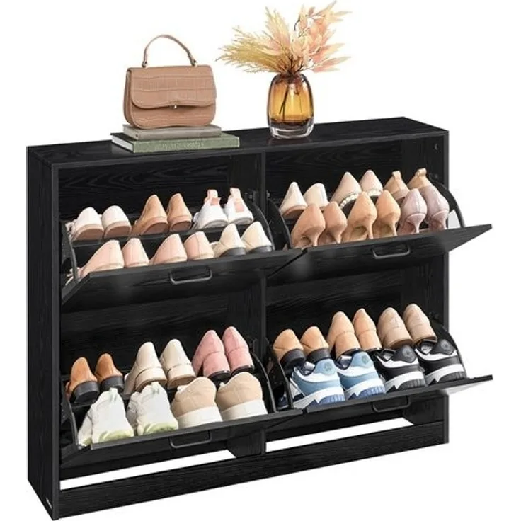 VASAGLE Schuhschrank 4 Klappen, Schuhkipper, Schuhregal, Schuhaufbewahrung, Trennwand verstellbar, für 16-28 Paar Schuhe, Flur, 24 x 105,5 x 82,7 cm, ebenholzschwarz LBCDE035B01
