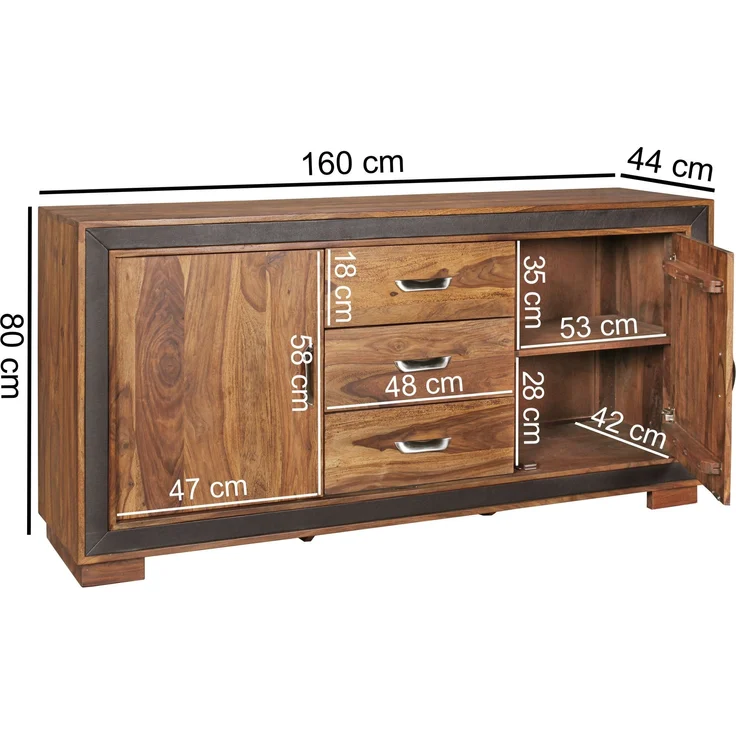 FINEBUY Sideboard FB46382 (160x44x80 cm Massivholz Kunstleder), Kommode Schubladen & Türen, Standschrank Anrichte – Bild 3