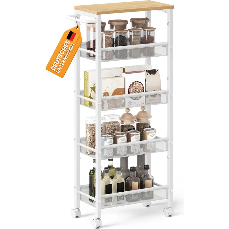 VASAGLE Rollwagen 5 Ebenen, Küchenwagen schmal, Nischenregal auf Rollen, Stahl, Griff, für kleine Räume, 22 x 45,4 x 99,6 cm, Küche, Bad, Wohnzimmer, Arbeitszimmer, eichenfarben-weiß LRC035W09