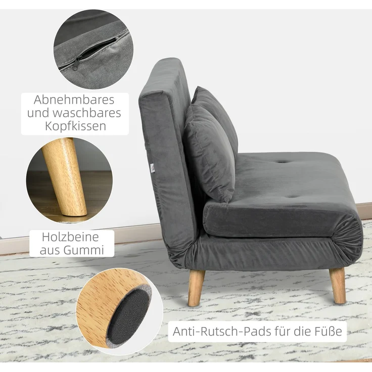 HOMCOM 2-Sitzer Sofa mit Bettfunktion, verstellbare Rückenlehne, Samtoptik, bis 250 kg belastbar, Grau, 130 x 78 x 79 cm – Bild 7
