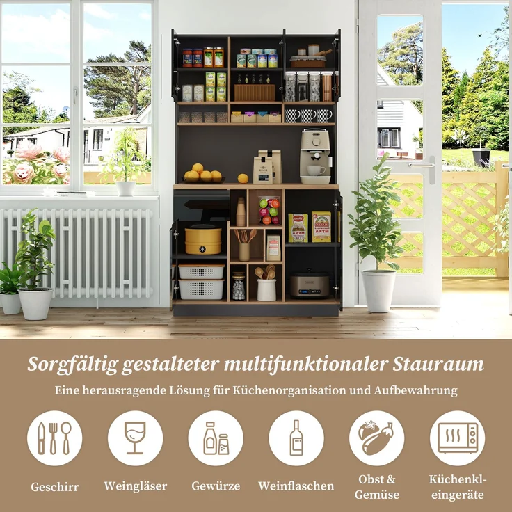 105×45×185cm,moderner Küchenschrank,Buffet,Sideboard,Grau und Schwarz,Metallgriffe,verstellbare Regale,Schubladen,offener Stauraum,Kippschutzzubehör,geeignet für Küche,Wohnzimmer und Schlafzimmer--Schwarz + Natur--105x45x185cm--YOUDENOVA – Bild 4
