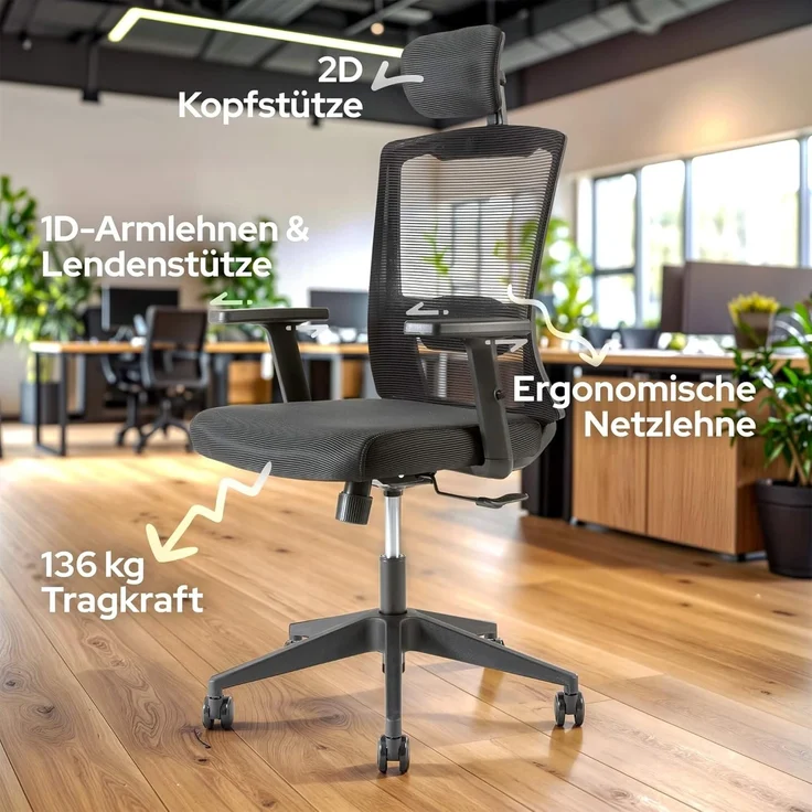 Arebos Bürostuhl Ergonomischer Schreibtischstuhl Wippmechanismus von 90° bis 125° (1D-verstellbare Armlehnen für mehr Komfort), Bis 136 kg belastbar: Stabil & alltagstauglich – Bild 4