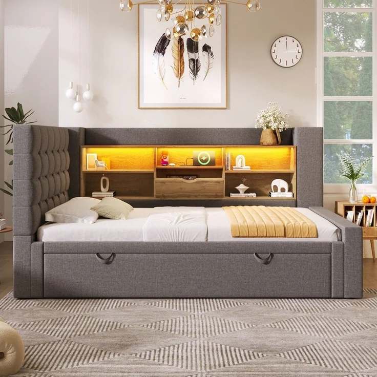 Odikalo Schlafsofa Schlafcouch 90x200 mit LED Ausziehbett und Stauraum, Polsterbett Bett 90x200 cm mit Ausziehbett 90x190, und LED-Beleuchtung,Struraumbett, L-förmigem Kopfteil mit Stauraum, beidseitig montierbar, Lattenrost, Leinen, (Ohne Matratze) – Bild 2