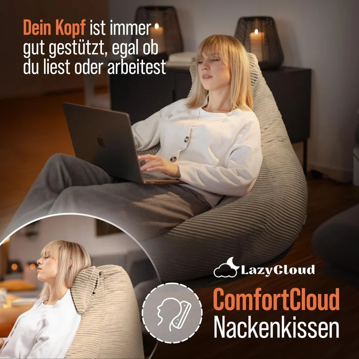 LazyCloud Sitzsack für Erwachsene mit integrierter [Nackenstütze] Cord | XXL Indoor Bean Bag mit Füllung | perfekt als Chill-, Lese- oder Gaming Sessel (90 x 80 x 70 cm) (Sandbeige) – Bild 3