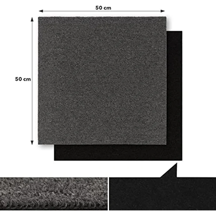 KARAT Teppichfliesen Moskau 50x50 cm selbstliegend 48 Stück Set - 12m² strapazierfähiger Teppich Bodenbelag mit hochwertigem Schlingenflor für Haus & Büro - antistatisch mit Bitumen Rücken, Dunkelgrau – Bild 3