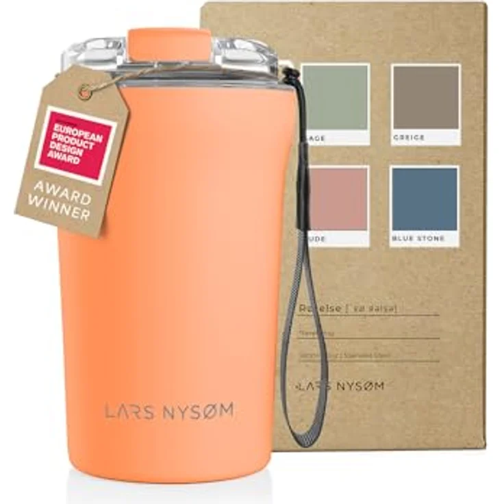 LARS NYSØM Thermo Kaffeebecher to go mit Trageschlaufe & Tritan Deckel | Travel Mug 0,38 Liter mit Vakuumisolierung | Auslaufsicherer Edelstahl Thermobecher für Café & Tee (Pumpkin Orange, 380ml) – Bild 1