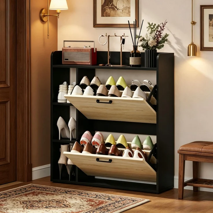 Schuhschrank 83x24x90,5 cm mit 2 Kippladen und Seitenfächern, Schwarz/Naturholzoptik – Bild 2