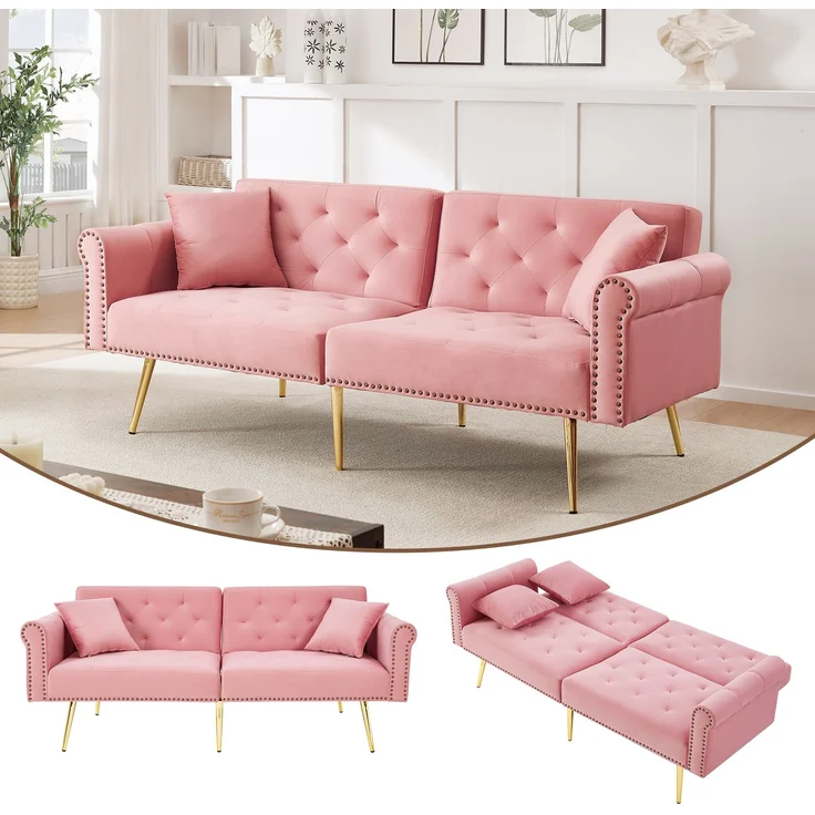 Schlafsofa in Rosa mit verstellbarer,vergoldete Metallfüße, 3 Stufen Rückenlehne, 2 flauschige Sofakissen, versteckter Stauraum – Bild 3