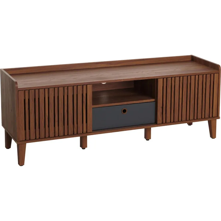 MCW TV-Rack M48, Walnuss, Holz, 150x56x40 cm, mit 2 Schiebetüren, 3 Ablagefächern und Kabelloch