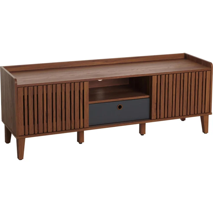 MCW TV-Rack M48, Walnuss, Holz, 150x56x40 cm, mit 2 Schiebetüren, 3 Ablagefächern und Kabelloch