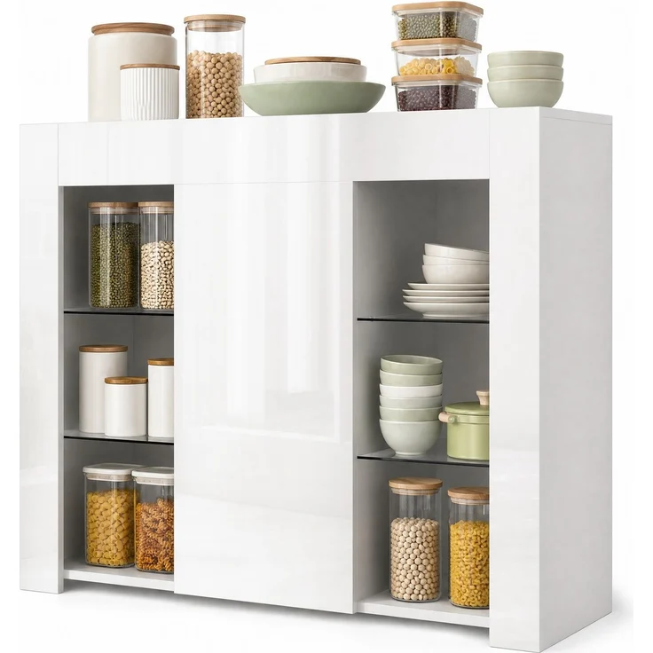DESVIAE Sideboard mit Glaseinlegeböden und Tür 95x83x35 cm Spanplatte Weiß – Bild 7