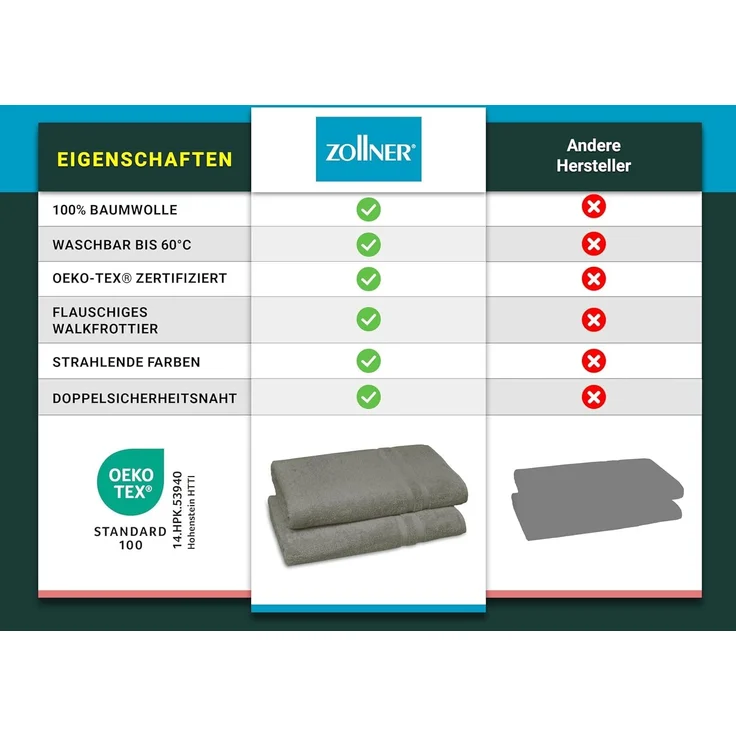 ZOLLNER Saunatücher 2er Set, 70x180 cm, Baumwolle, 450g/qm, taupe – Bild 6