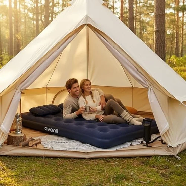 Avenli Luftmatratze Luftbett Camping für 2 Personen mit Pumpe & 2 Kissen 203 x 152 x 22 cm, (aufblasbar Ideal als Reisebett oder Isomatte, Set mit Luftpumpe und Kissen), Indoor und Outdoor mit beflockter Oberfläche – Bild 4