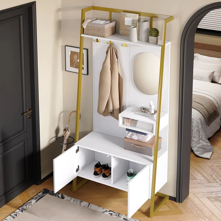 Faumrta Moderne minimalistische Kompaktgarderobe, offener multifunktionaler Aufbewahrungsschrank mit Spiegel, Metallhaken,Garderobenständer mit Schuhbank, Garderobe, Schuhaufbewahrung,Kleiderständer,78CM*38.5CM*180.5CMWeißMDF (Medium-Density-Faserplatte) – Bild 5