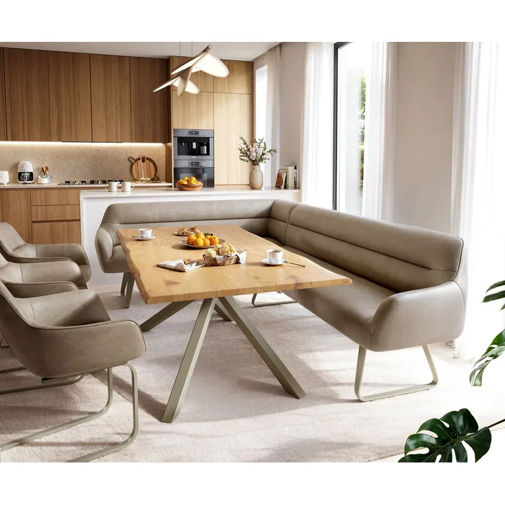 Esszimmerbank Taya-Flex 285x190 cm Mikrofaser Beige Vintage Kufengestell flach Effektfinish Titan Taschenfederkern Rechts
