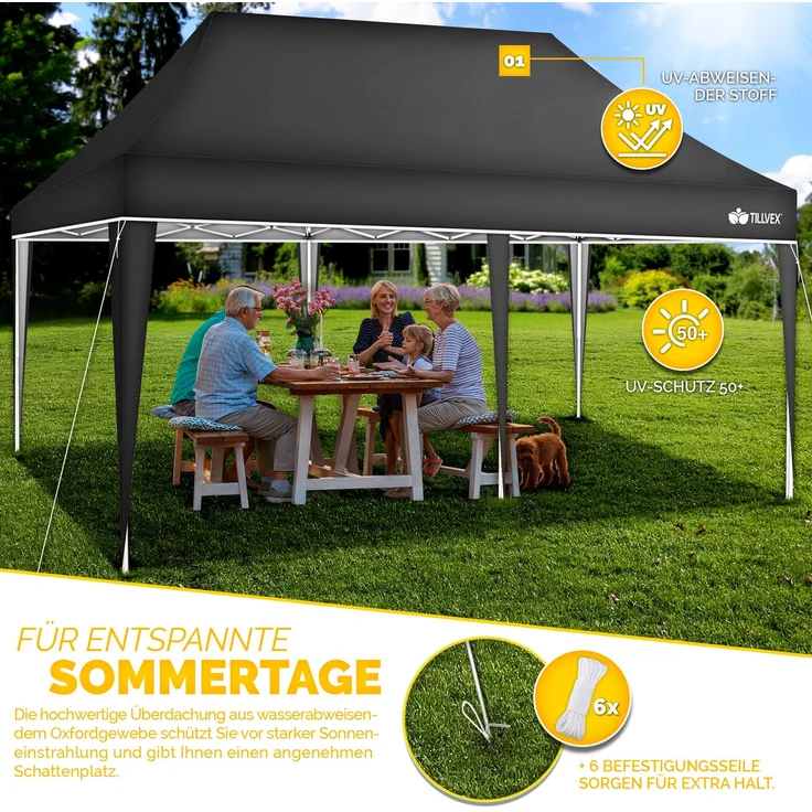 tillvex Pavillon 3x6m - mit 6 Seitenwänden Rot wasserdicht | Pop-Up Faltpavillon höhenverstellbar | Gartenzelt UV Schutz 50+ | Partyzelt mit Tasche für Garten – Bild 4