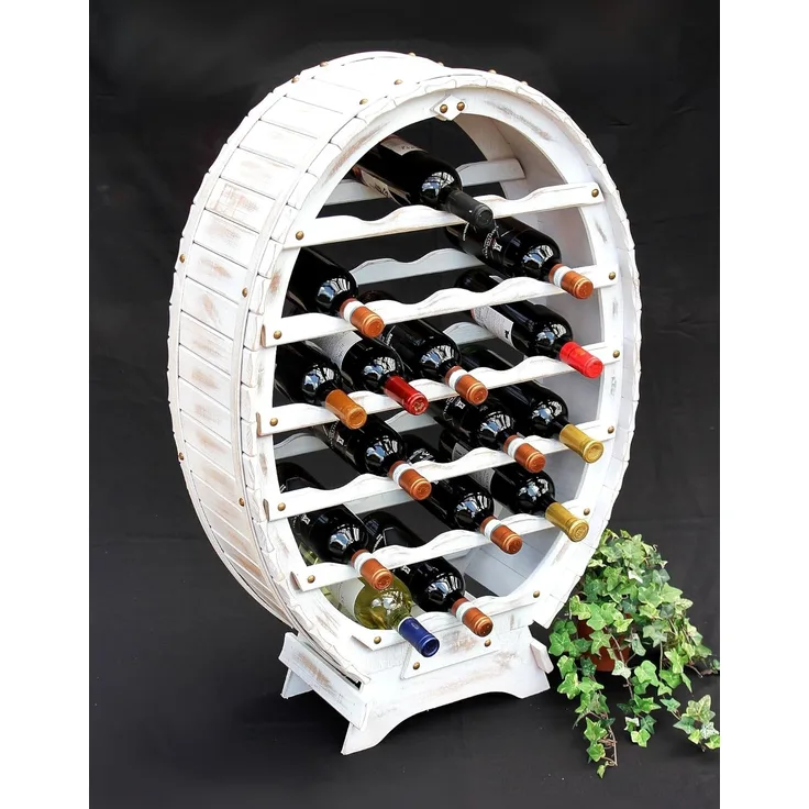 Weinregal Weiss Weinfass aus Holz für 24 Flaschen Vintage Shabby Chic Landhaus Bar Flaschenständer stehend Weinständer Fass