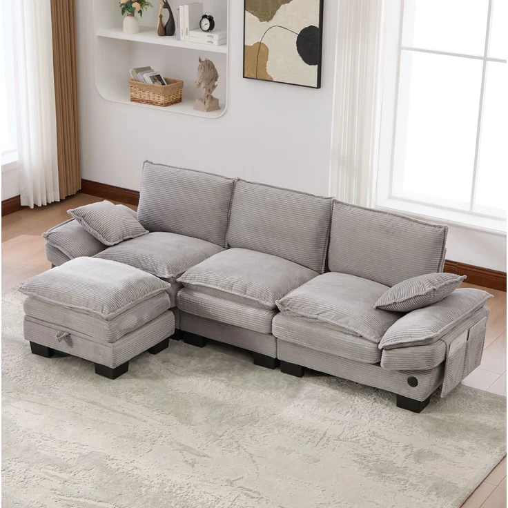 DESVIAE Sofa 3-Sitzer mit Hocker und USB-C-Anschluss 260x84x132 cm Cord Hellgrau – Bild 3