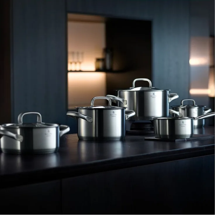 WMF Gourmet Plus Kochtopf klein 20cm, Metalldeckel mit Dampföffnung, Bratentopf Induktion 2,5l, Cromargan Edelstahl mattiert, Innenskalierung