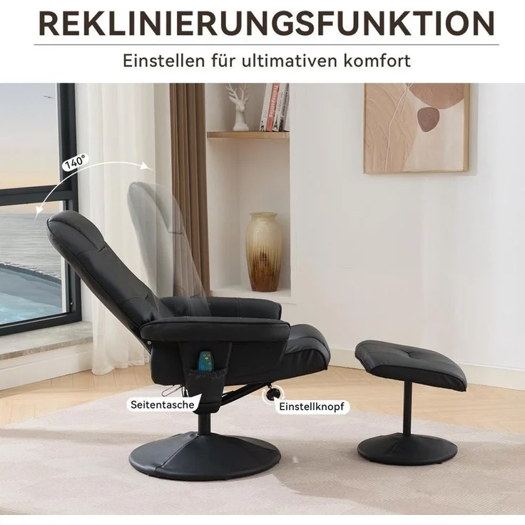 BBWL Massagesessel Massagesessel mit 5-Punkt-Massage, Sitzheizung und Liegefunktion (Kunstleder,mit 360° Drehung, Hocker & Fernbedienungstasche,einfache Montage in 30 Min) – Bild 3