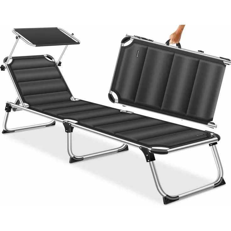 KESSER® Sonnenliege SUN mit Dach Gartenliege Liegestuhl klappbar Sonnendach Verstellbarer Rückenlehne , ergonomisch, gepolsterter Liegefläche, Aluminium Liege Gartenstuhl tragbar Strandliege Schwarz