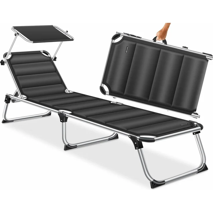 KESSER® Sonnenliege SUN mit Dach Gartenliege Liegestuhl klappbar Sonnendach Verstellbarer Rückenlehne , ergonomisch, gepolsterter Liegefläche, Aluminium Liege Gartenstuhl tragbar Strandliege Schwarz – Bild 1