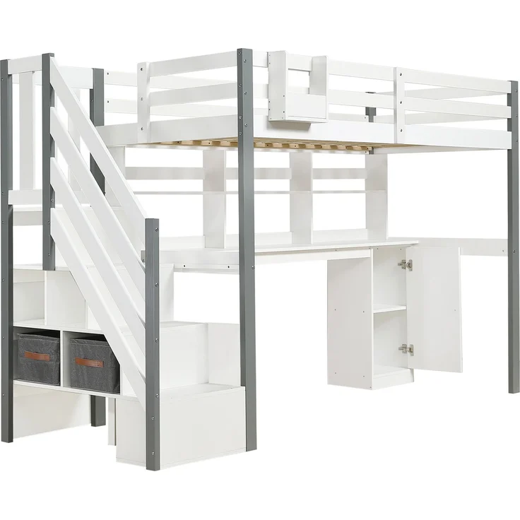 Hochbett 90x200 cm mit Schreibtisch, Stauraumtreppe und vierseitigem Rausfallschutz in Weiß-Grau, ohne Matratze – Bild 6