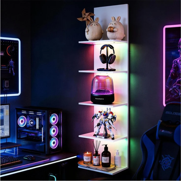 XIIW Hängevitrine Wandregal mit RGB+IC Schweberegal Dekoregral Wandboard Hängeregal (5 Ebenen Eckregal mit RGB+IC-Licht, App, Fernbedienung, 30×18×117 cm) Regal Wand Stufenregal für Deko Präsentation Sammlung – Bild 1
