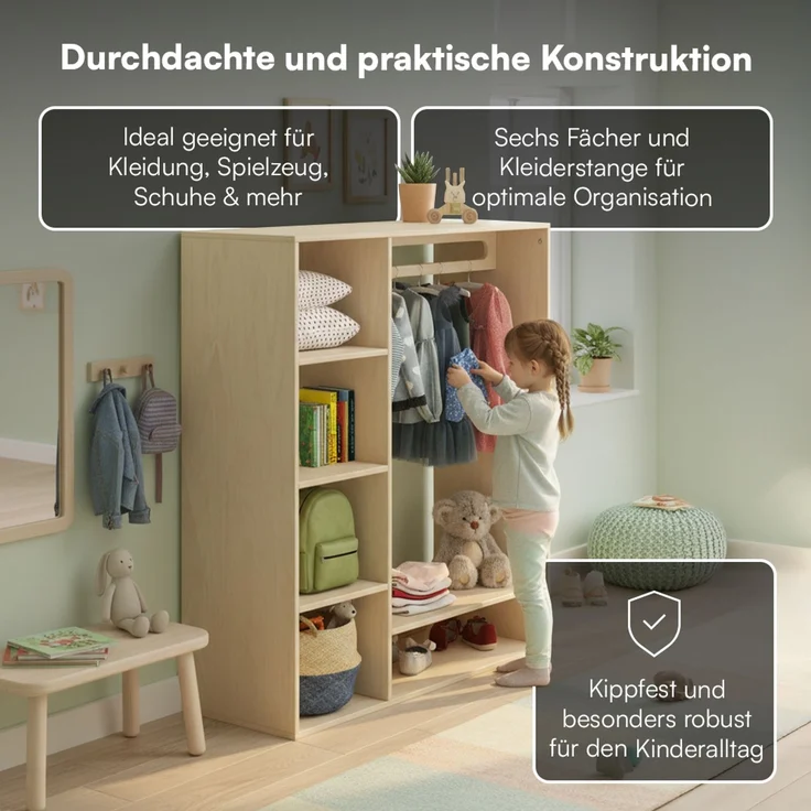 Bellabino 'Tea' Kindergarderobe, natur unbehandelt, Sperrholz Birke, 114x40x105 cm, Kinderkleiderschrank mit Kleiderstange und 6 Ablagefächern – Bild 4