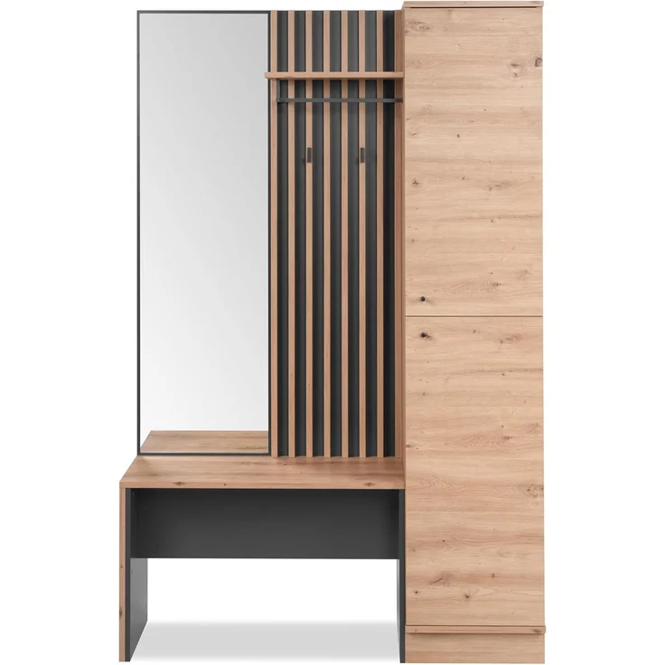 Finori Medan 42B Kompaktgarderobe, Dekor Artisan Oak / anthrazit | Kompaktgarderobe für Flur | Maß: B x H x T ca. 122 x 190 x 37 cm | Kompaktgarderobe mit 2 Türen, Spiegel, Hutablage, Kleiderstange, Bank und 2 Haken – Bild 3