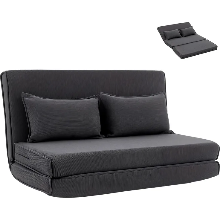 Bodenstuhl mit Rückenlehne, Cord-Klappsofa als Gästebett, verstellbare Rückenlehne, breiterer Sitz, Dunkelgrau--Dunkelgrau--135x88x74cm--YOUDENOVA