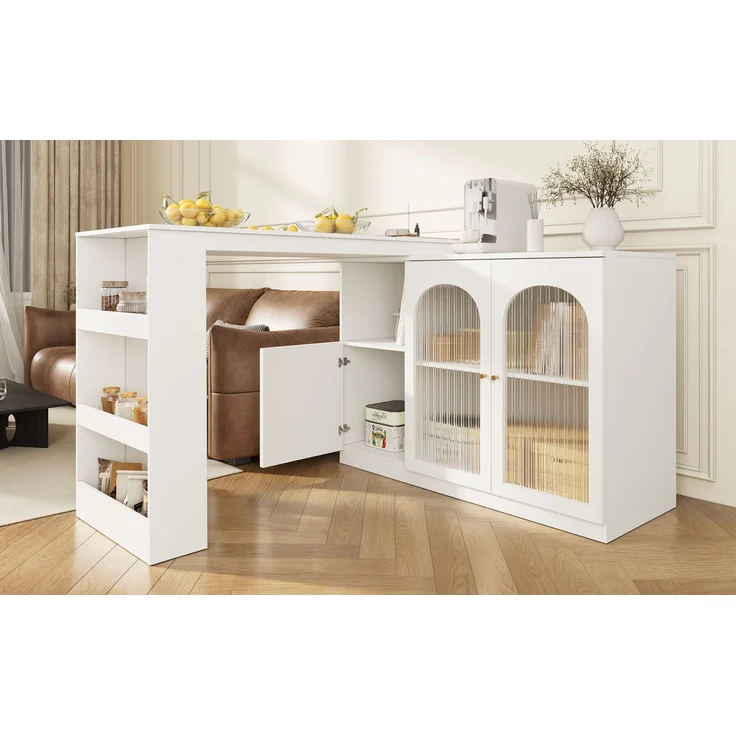 Esszimmerschrank Sideboard Weiß mit 360° Drehfunktion, Changhong-Glas Türen,Aufbewahrungsschrank mit Regalen und Schubladen – Bild 6