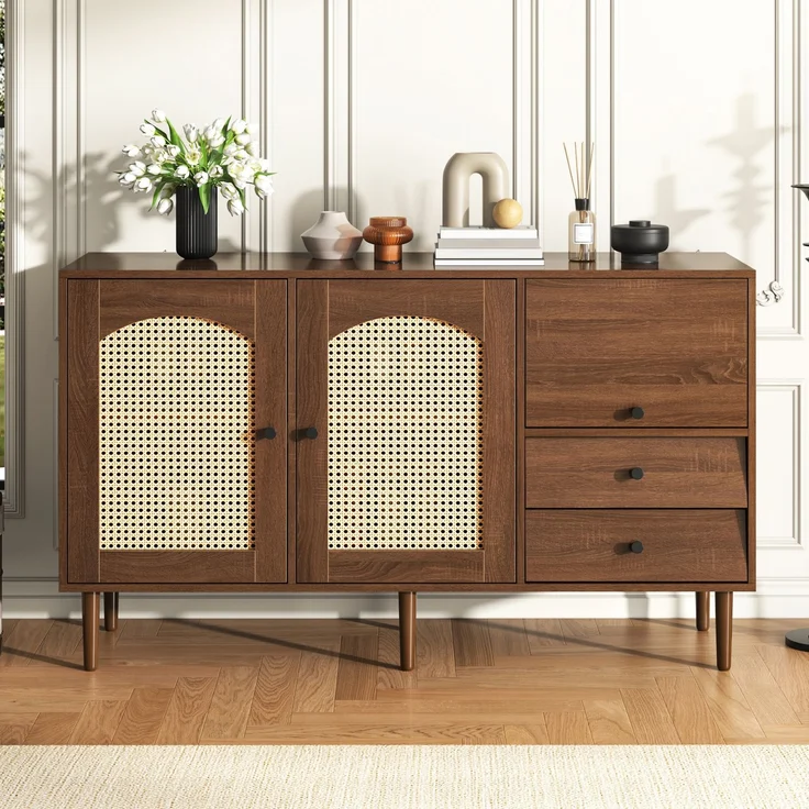 Sideboard 130 cm mit Rattantüren im Landhausstil, Holzfarbe, verstellbare Einlegeböden, großer Stauraum, magnetische Türen – Bild 5