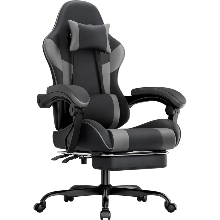 Gamingstuhl mit ergonomischer Form, verstellbarer Rückenlehne & Fußstütze, 58,5x63x120,5 cm, Schwarz/Grau – Bild 3