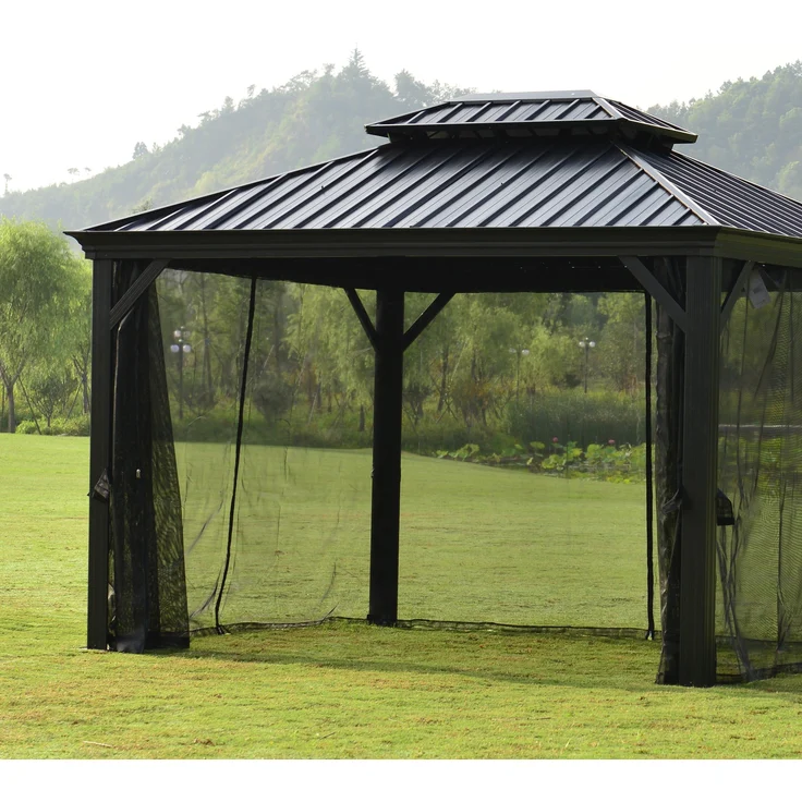 LECO Hardtop-Pavillon HELENA, Aluminiumgestell anthrazit, Stahlblechdach anthrazit, Polyamid-Mückennetze, 3,65x3 m – Bild 3