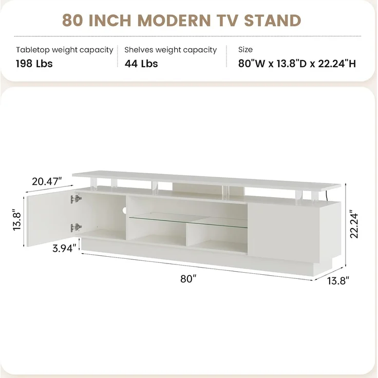 Aoxun 200 cm Fernsehstand, mit 2 Seitenkabinett, Moderner Stilvoller TV-Console mit LED Leuchten, Gaming-Fernseh-Medienconsole mit Verstellbarem Glasregal, Fernbedienung & APP-Steuerung, Weiß – Bild 2