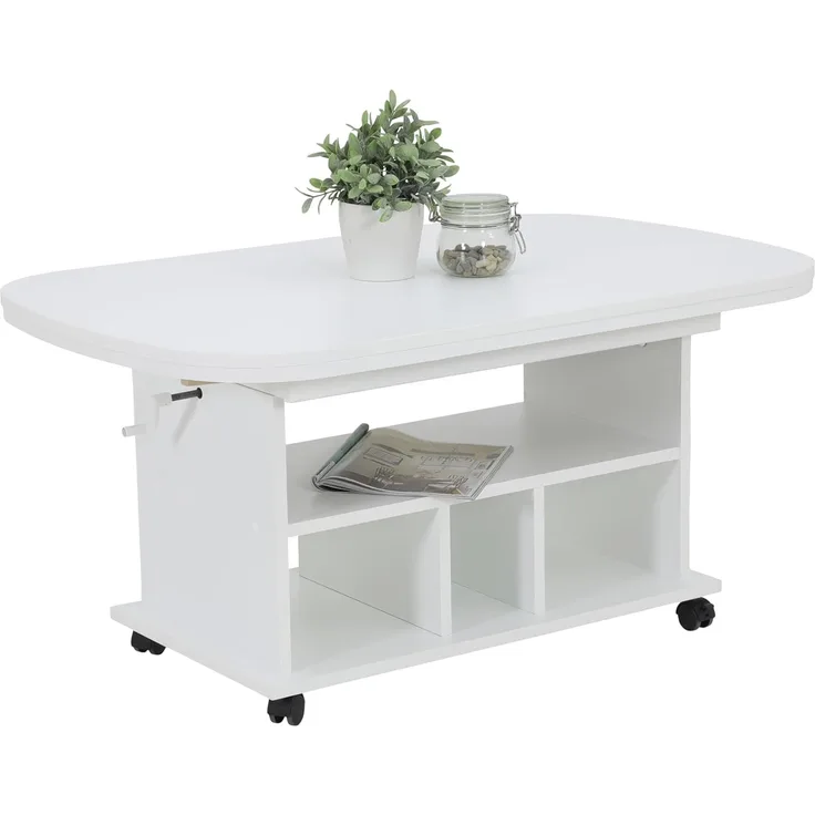 Hela Tische, Funktionscouchtisch Babsi, Holzwerkstoff melaminbeschichtet, Weiß, höhenverstellbar 53-63 cm, ausziehbar 107-157 cm, auf Rollen