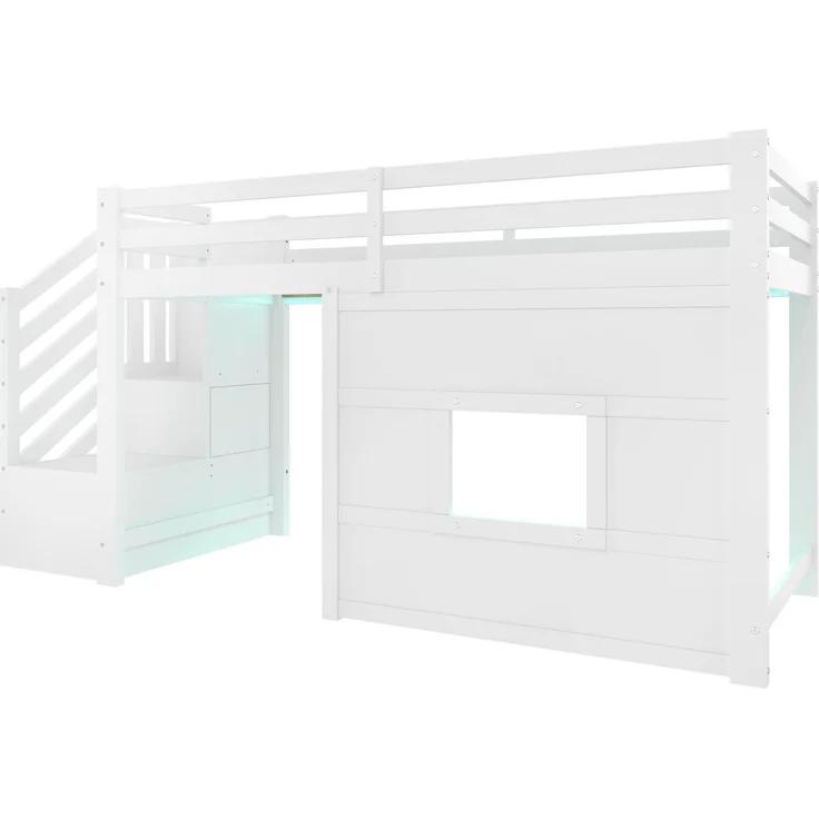 Hochbett mit Lattenrost und LED-Beleuchtung, 90x200 cm, Treppe mit Regal, Kinderbett mit Rausfallschutz, Spielbett, Kiefer – Bild 7